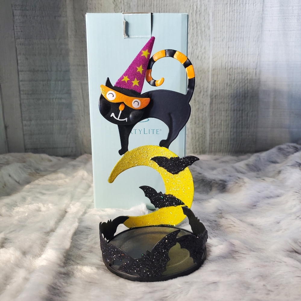 Halloween PartyLite Metal Charmed Cat Votive Candleholder Glittery Bats Hats  6"